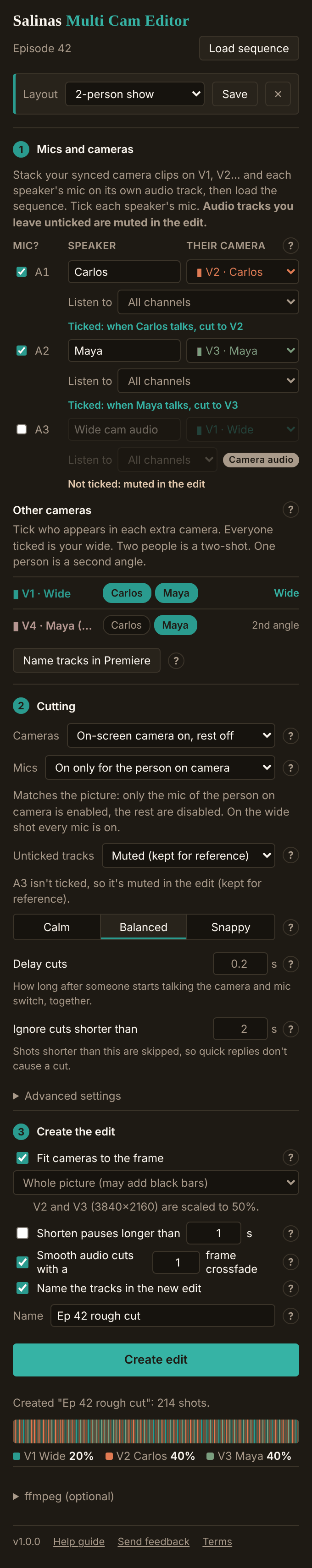 The Salinas Multi Cam Editor 1.0.0 panel: Mics and cameras with A1 Carlos and A2 Maya ticked, Other cameras with a wide and a second angle, Cutting settings set to Balanced, and Create edit showing a 214-shot rough cut split between V1 Wide, V2 Carlos and V3 Maya.